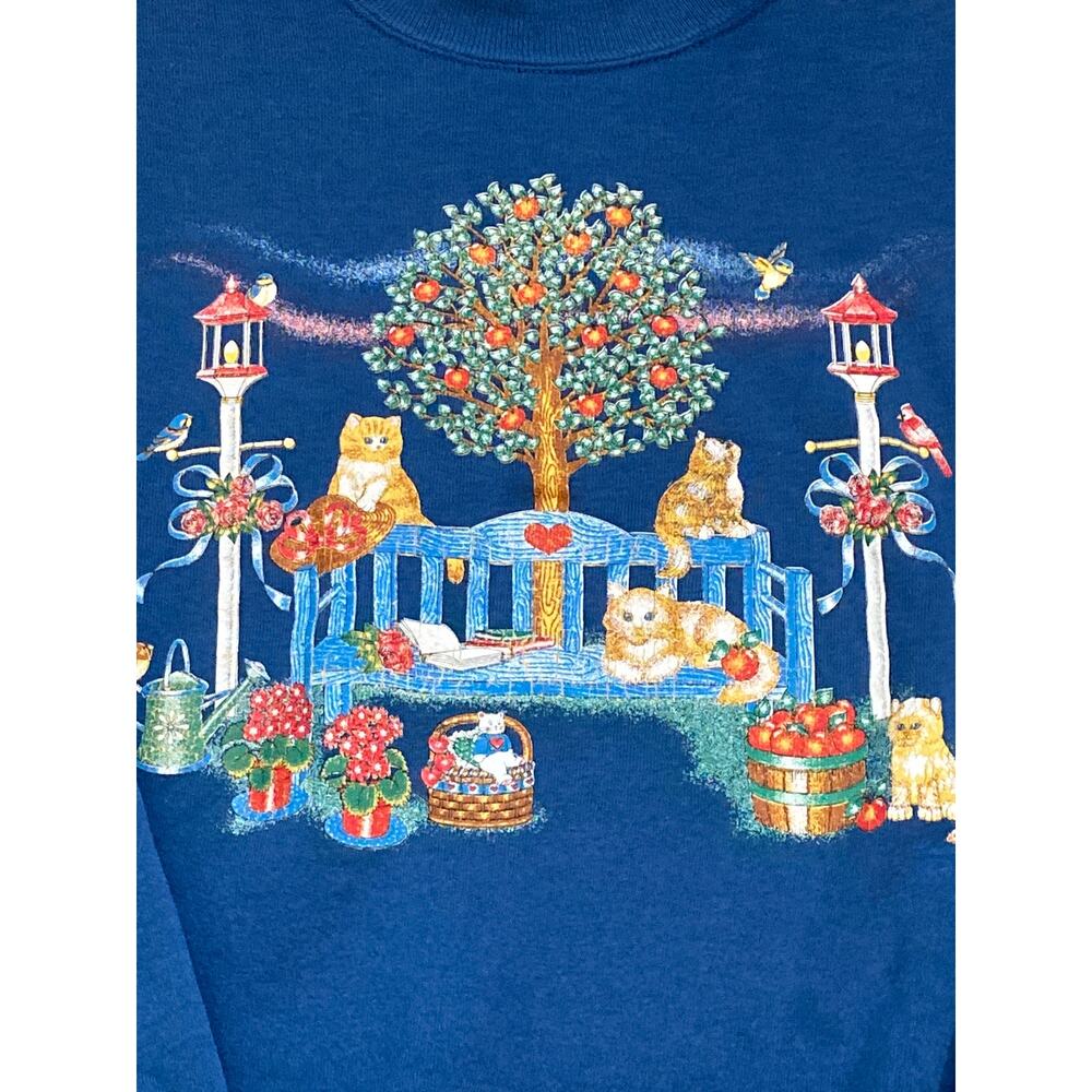 Vintage 90s Jerzees Made in USA Cat Garden Sweatshirt Blue XL - Picture 2 of 6